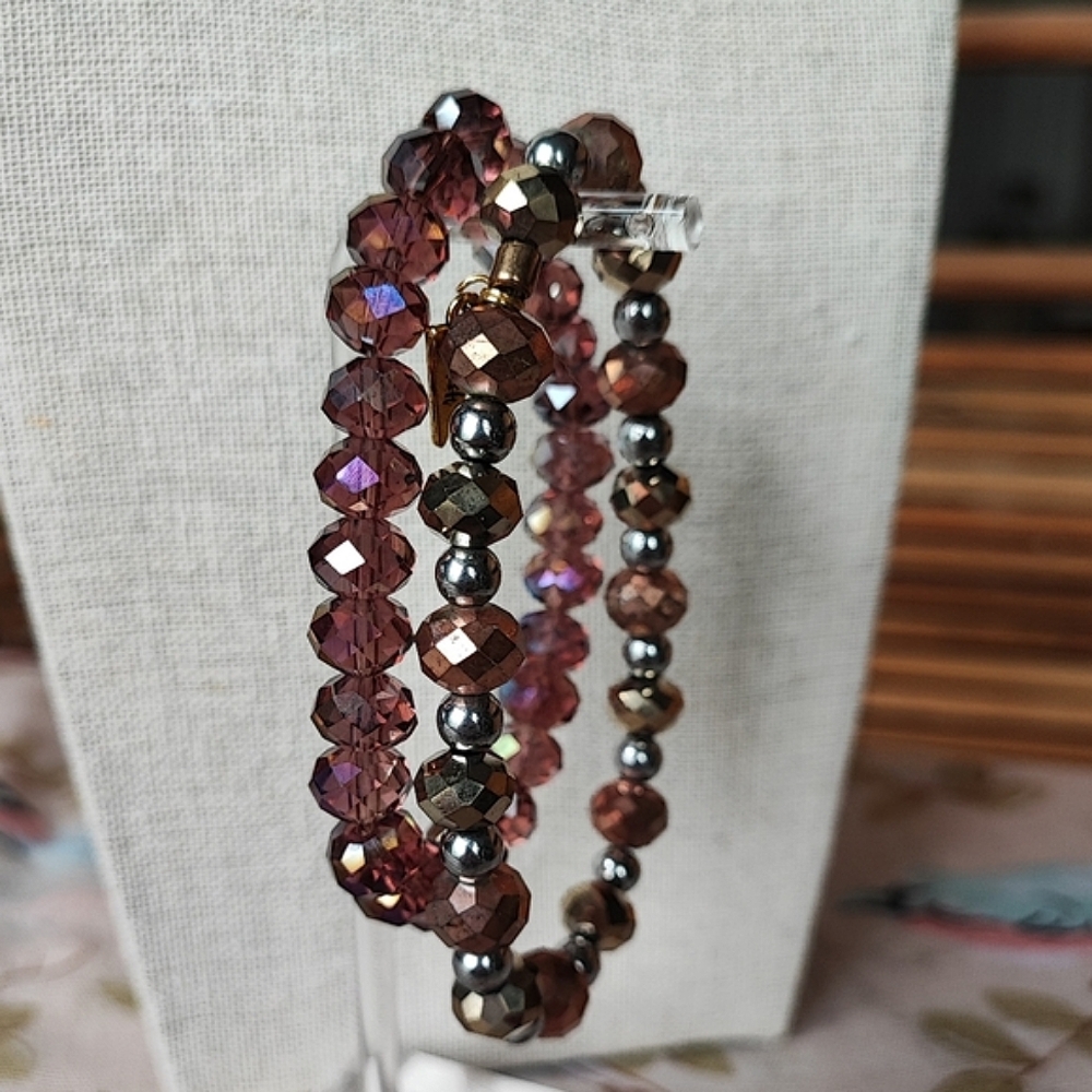 Erimish Pair of Faceted Crystal Stretch Bracelets Brown Purple Hue Copper Silver